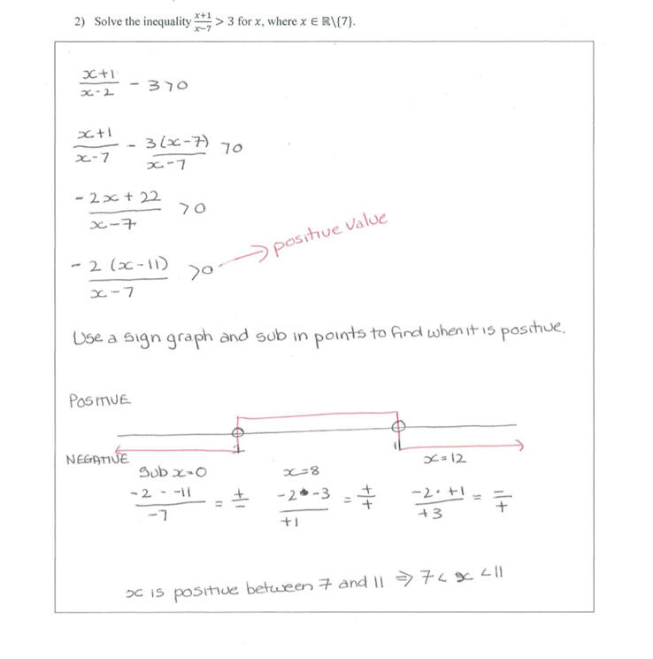 Two student worked solutions to the same inequality problem, compared side by side to demonstrate comparative judgement in mathematics